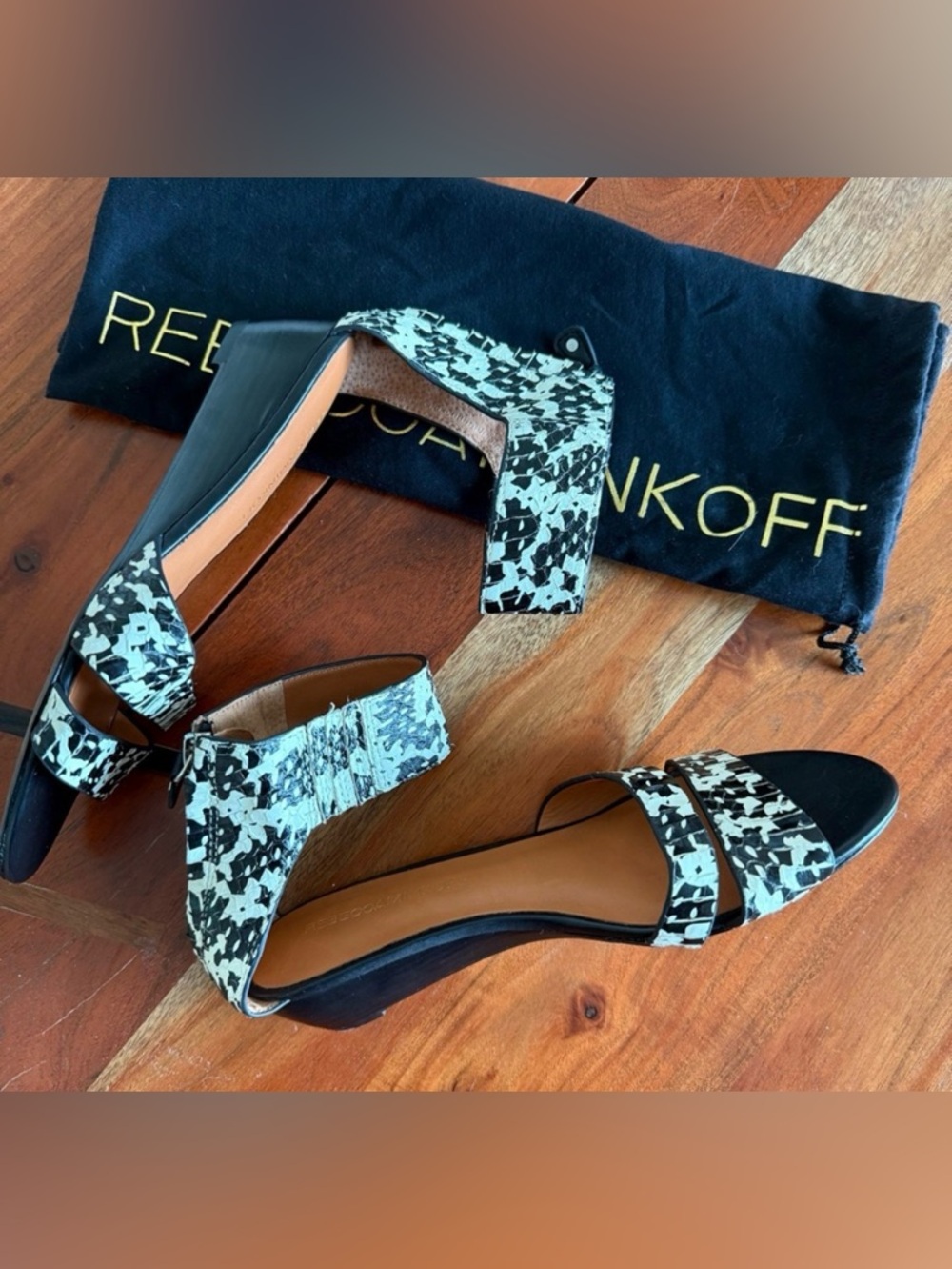 Rebecca Minkoff Black and White leather wedges with Chic Ankle Strap